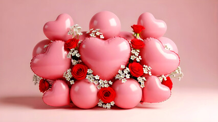 Obraz premium Romantic arrangement of pink heart-shaped balloons and red roses for Valentine's Day