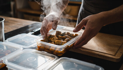 Chef preparing food in a plastic container on a wooden table