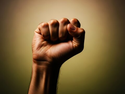 A clenched fist raised in determination or protest against a muted background