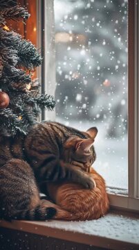Two fluffy cats sleeping together on window sill near christmas tree while snowing