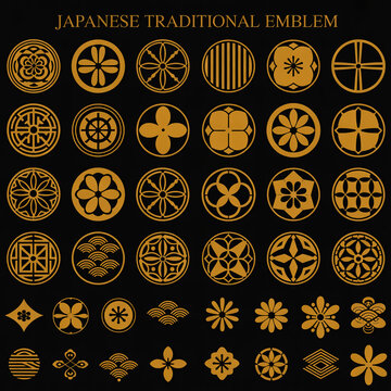 A collection of traditional Japanese circular emblems and decorative patterns arranged in a grid layout on a black background