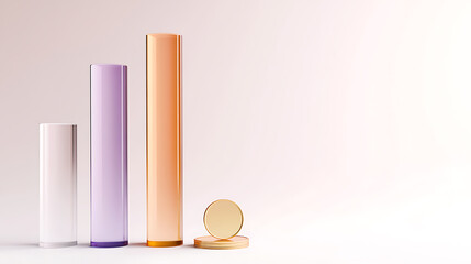 Minimalist geometric arrangement featuring ascending translucent cylinders in pastel shades, paired with golden disks. A subtle, gradient background enhances the artistic composition.