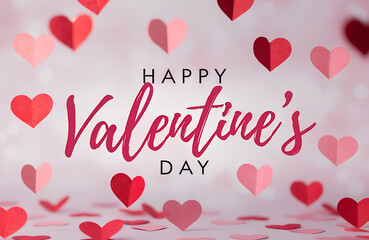 Happy valentine's day greeting card with floating paper hearts and soft pink background