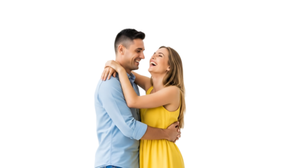 A happy couple embracing and laughing together on transparent background