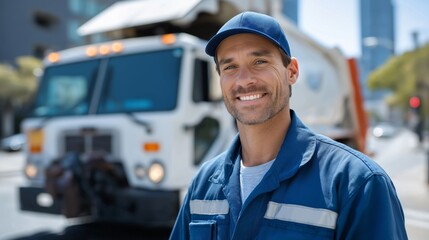 A man in a blue uniform is smiling in front of a garbage truck