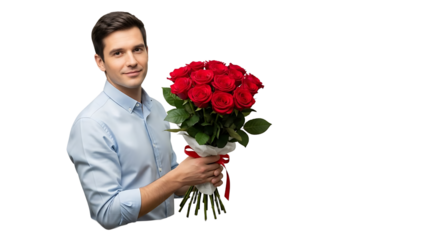 A smiling man holding a bouquet of red roses on transparent background