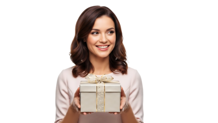 A smiling woman holding a gift box on transparent background