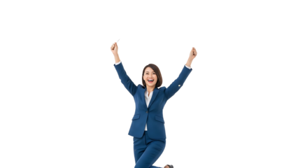 A businesswoman celebrating success in a blue suit on transparent background