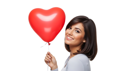 A smiling woman holding a red heart-shaped balloon on transparent background