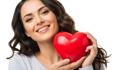 A smiling woman holding a red heart on transparent background