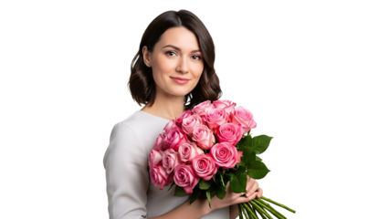 A beautiful woman holding a large bouquet of pink roses on transparent background