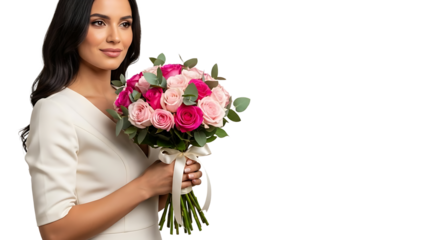 A beautiful woman holding a bouquet of roses on transparent background