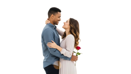 A romantic couple embracing and looking into each other's eyes on transparent background