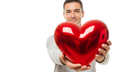 A man in a white shirt holding a large red heart on transparent background