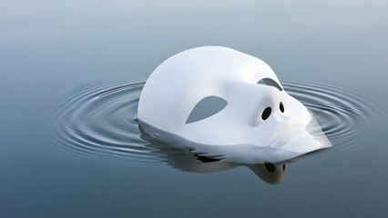 Mysterious white theatrical mask floating on calm blue water, creating gentle ripples and reflecting its hidden presence
