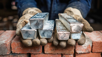 Worker holding multiple silver metal bars with protective gloves in a manufacturing or smelting environment on a brick surface background