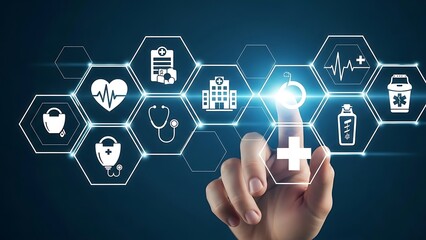 Hand interacting with medical on hexagons finger medical hexagons