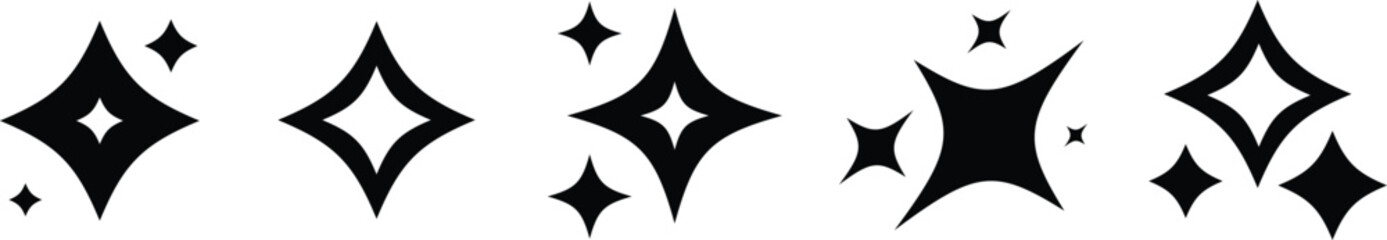 Clean sparkle star icons with modern flat vector styling and radiant appearance, suitable for creative branding, interface decoration, celebration graphics, and fantasy-inspired artwork.