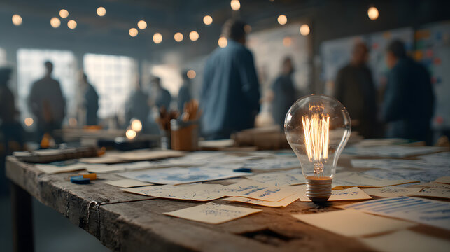 Collaborative brainstorming workshop in a creative space featuring charts, notes, and a light bulb idea symbol on the table