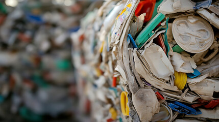 Close-up of compressed plastic and paper waste for recycling. A reminder of our environmental impact, urging responsible consumption & effective waste management practices.