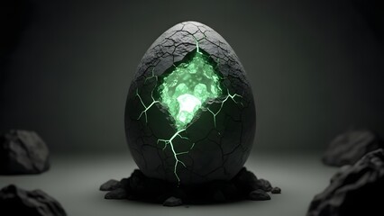 Cracked dark egg or stone with glowing green crystals inside, emanating mysterious light and energy, concept art for fantasy and science fiction themes