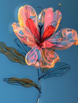 Beautiful translucent glass flower blooming with red and pink petals on solid blue background