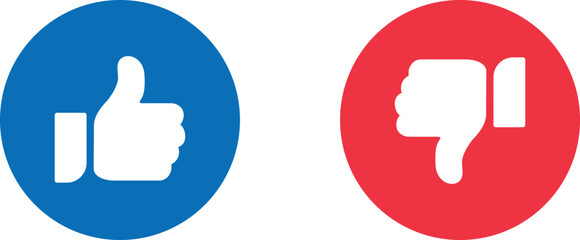 Thumbs up and thumbs down reaction icon set in blue and red circular style representing approval and disapproval, ideal for social media feedback systems, voting interfaces, rating features, 