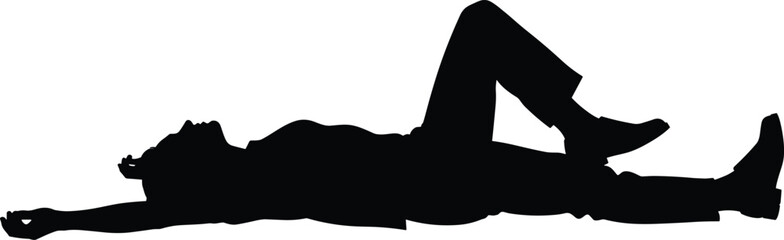 Black silhouette of a person lying down on the floor, relaxing with one knee up, isolated on white background, vector illustration. © Mim