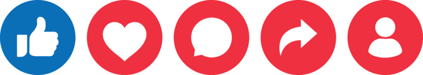Set of social media reaction icons featuring like, love, comment, share, and user profile symbols in clean circular design, ideal for mobile apps, web interfaces, engagement buttons, and modern social