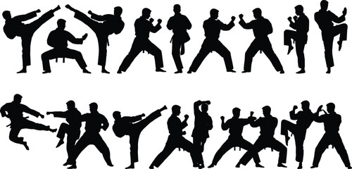 Collection of Black Silhouettes of Men Practicing Martial Arts Karate Kicks and Punches Isolated on White Vector