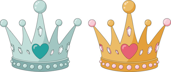 Royal princess crown vector set, cute gold and silver tiara illustrations with pink and teal heart jewels for girls birthday and party design © MdMajnur