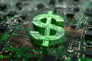 Conceptual digital currency symbol glowing green on a high-tech motherboard circuit board representing electronic finance and futuristic money systems