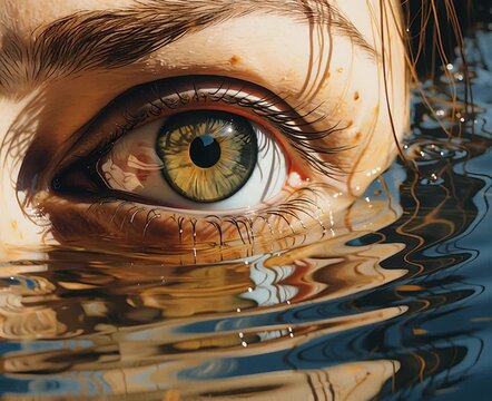 Realistic human eye surfacing from water with ripples and wet skin detail on face