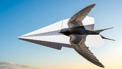 Creative concept of a bird transformed into a paper airplane flying freely in a vast sky, symbolizing imagination, freedom, and the journey of dreams