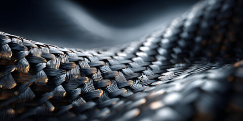 Carbon fiber texture on a dark background with soft lighting and shadows, abstract modern design for tech or industrial use.