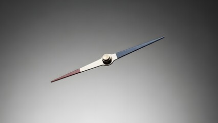 Precision metallic watch hand with blue and red segments against a smooth gradient grey background, highlighting intricate detail and elegant design