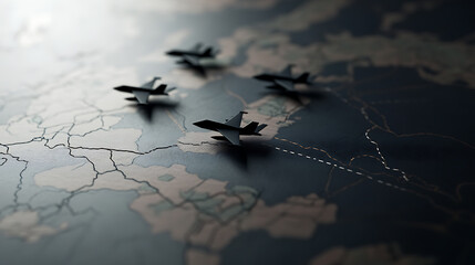 Toy airplanes on a map illustrate strategic planning. A creative visualization of travel routes or geopolitical strategy, emphasizing global connection and exploration.