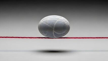 Perfectly balanced grey stone on a taut red string, symbolizing equilibrium, precision, and overcoming challenges against a neutral gradient background