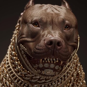Tough brown pitbull dog portrait wearing heavy gold chains and teeth grills looking aggressive