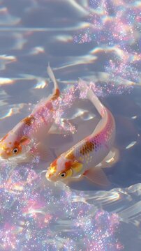 Two colorful koi fish swimming in clear water with sparkling glitter light effects overlay