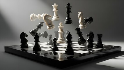Dramatic scene of black and white chess pieces suspended in motion above a chessboard, representing strategy, competition, and the dynamic flow of a game