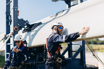 Professional wind turbine engineers preparing and inspecting equipment for installation and maintenance at a renewable energy site, teamwork, clean power, and sustainable technology.
