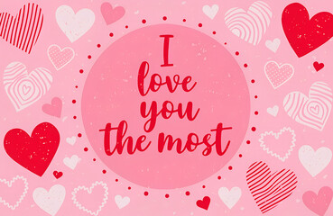 I love you the most message on a textured background with numerous stylized hearts