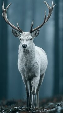 Majestic white stag deer with antlers standing in dark misty forest looking at camera
