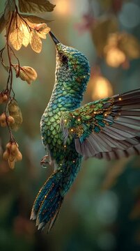 Beautiful colorful hummingbird hovering near flowers in garden with soft lighting