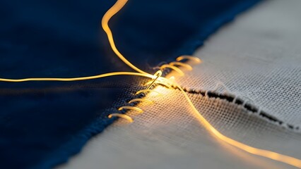 Close-up of glowing golden thread stitching two pieces of fabric together, symbolizing connection and repair, with a needle visible in action