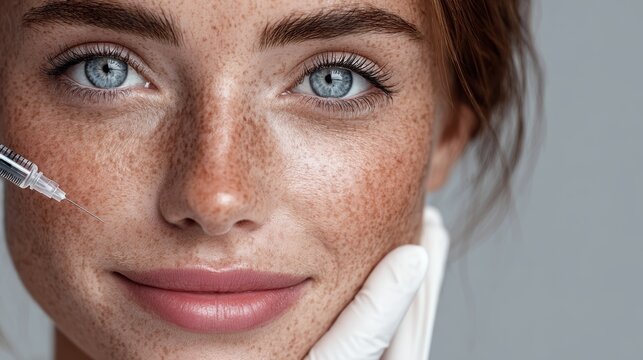 Aesthetic Beauty Injection Concept Featuring Young Redhead Woman with Freckles Receiving Facial Filler or Botox Treatment.
