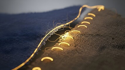 Glowing thread stitching two fabric pieces, representing innovation, connection, and smart textile technology in a futuristic close-up detail shot