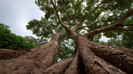 Massive ancient tree trunks with gnarled roots ascend towards an overcast sky seen from a low angle perspective