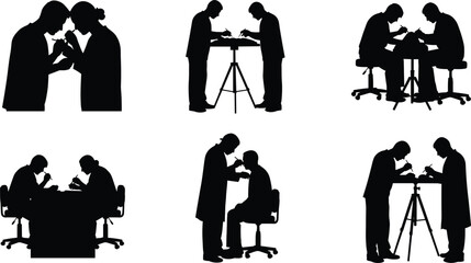 Set of black silhouettes depicting medical team, doctors and nurses examining patients in clinic, vector illustration isolated on white background.
